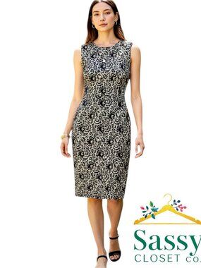 Vince Camuto Black Lace Print Sleeveless Stretch Bodycon Dress XS EUC